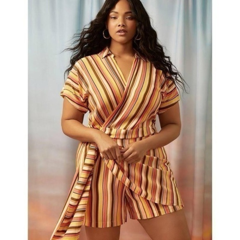 Eloquii orange coral multicolor stripe faux wrap tie waist romper 16 AD2